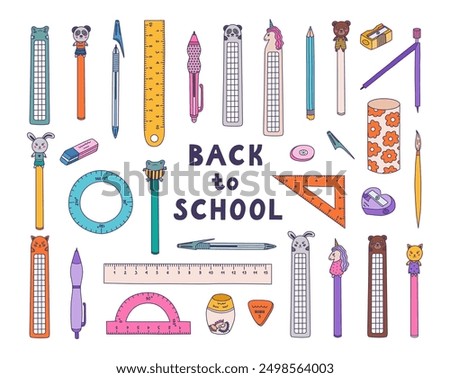 Big colourful doodle set of cute back to school stationery with hand drawn outline. Collection of ruler, protractor, eraser, sharpener, pen, pencil, bookmark. School supply for study, draw, work