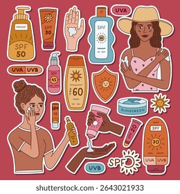 Big colourful doodle sticker set with SPF cosmetic, ladies apply sunscreen for planners, notebooks, diary. Ready for print list of hand drawn stickers with cream, spray, tubes for summertime vacation.
