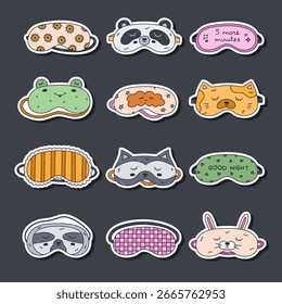 Conjunto de pegatinas de doodle de colores grandes con máscara para dormir para planificadores, cuadernos. Listo para imprimir lista de máscara de ojos infantil y femenina con cabeza de mascota, adorno geométrico y abstracto. Accesorio para la hora de dormir.