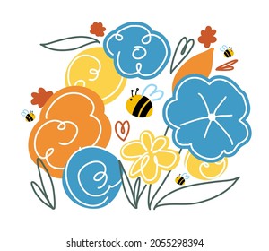Big colourful flowers and small bees in the garden. Isolated vector flat illustration. Cute design for natural and bio products, banners and postcards.