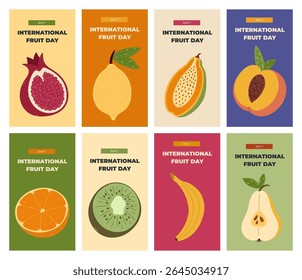 Big colourful set of social media stories for International Fruit Day with cartoon clipart of juicy fruits. Greeting concept vertical banner with pomegranate, lemon, kiwi, banana, pear, peach, orange.