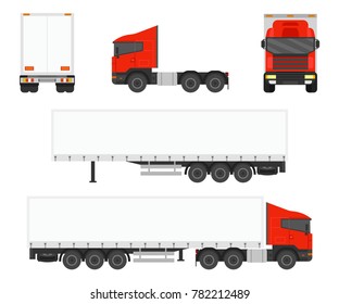 Big Commercial Semi Truck With Trailer Set. View From Side, Front, Back. Vector Illustration.