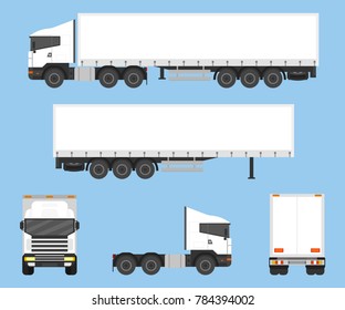 Big commercial semi truck with trailer set. View from side, front, back. Vector illustration.