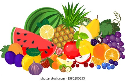 Big composition of different colorful tropical fruits isolated on white background