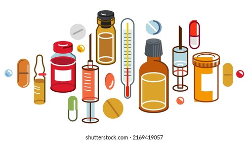 Big composition set of medicaments vector flat illustration isolated, pharmacy drugs apothecary bottles and pills and ampules, health care and healing medical theme design.