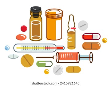 Big composition set of medicaments vector flat illustration isolated, pharmacy drugs apothecary bottles and pills and ampules, health care and healing medical theme design.