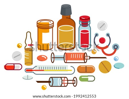 Big composition set of medicaments vector flat illustration isolated, pharmacy drugs apothecary bottles and pills and ampules, health care and healing medical theme design.