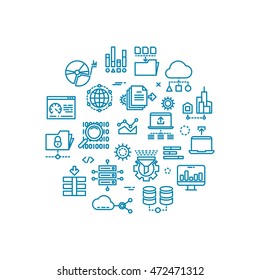 Big computer data outline vector icons in circle design. Web connect and process transfer and storage document illustration