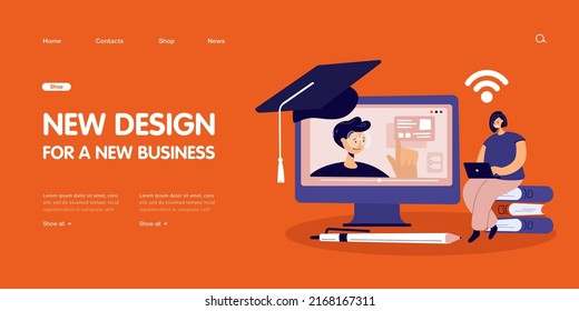 Big computer screen and female student watching online lecture. Girl with laptop and teacher on monitor flat vector illustration. Online education, technology concept for banner or landing web page