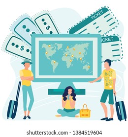 Big computer with world map on screen and small people with luggage booking flight tickets online. Travel the world, online payment concept. Location pin. Business vector illustration in flat style. 