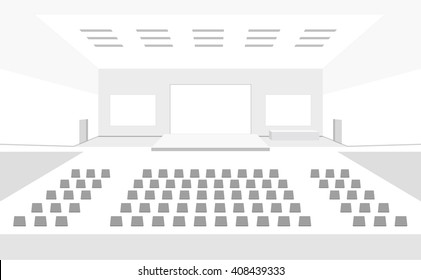 Big concert cinema hall with three large screens interior vector illustration