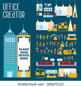 Big constructor of modern office with exteriors, interiors, furniture,people and their activities, Create your own office for design or web design. Vector illustration in flat style