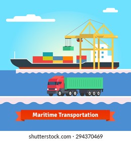 Big container ship being loaded by huge port crane. Container truck driving in harbour. Flat style vector illustration.