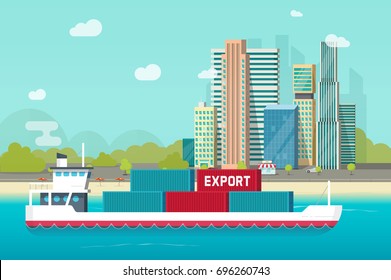 Big container ship sailing in ocean or sea port with lots of cargo containers vector illustration, flat cartoon design shipping transportation vessel or containership floating near city shore
