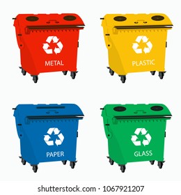Big containers for recycling waste sorting, recycle bin - plastic, glass, metal, paper