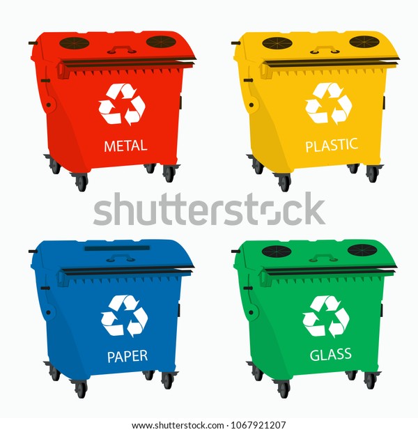 Big containers for recycling waste\
sorting, recycle bin - plastic, glass, metal,\
paper