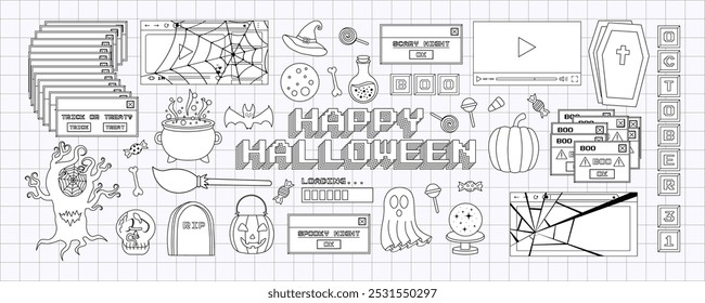 Big contour set of Halloween stickers in trendy y2k style. Old computer aesthetics of 90s, 00s. Retro PC elements, user interface. Vector illustration