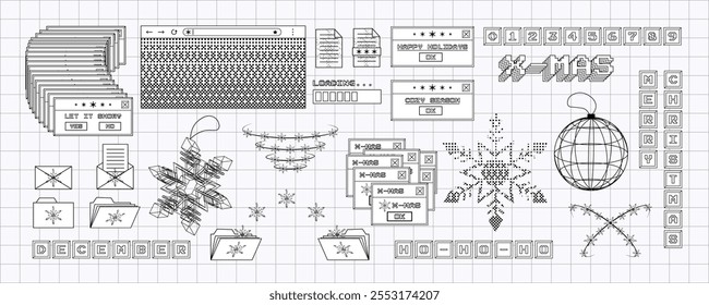 Gran conjunto de contorno de pegatinas de x-mas en estilo y2k de moda. Vieja estética informática de los 90, 00. Elementos de PC retro, interfaz de usuario. Ilustración vectorial