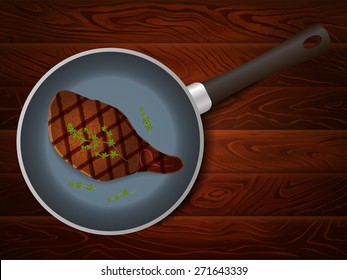 Big Cooked Meat Steak With Thyme On Frying Pan On Brown Wooden Table. Vector Image Can Be Used For Restaurant And Cafe Menu Design, Food Posters, Print Cards And Other Crafts.