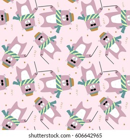 big cool bear wearing sunglasses in windy weather. awesome t-shirt, mug, bag lunchbox, wallpaper, wrapper, poster and banner flat design for kids. vector illustration. seamless pattern