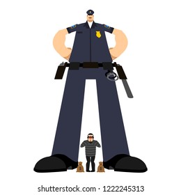Big Cop and Robber Detention. Serious Policeman and burglar arrest. Strong Officer Police and mugger and money bag. Vector illustration