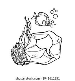 Big coral and algae on arc sandstone coloring book linear drawing isolated on white background
