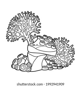 Big coral polyps grow on stone coloring book linear drawing isolated on white background