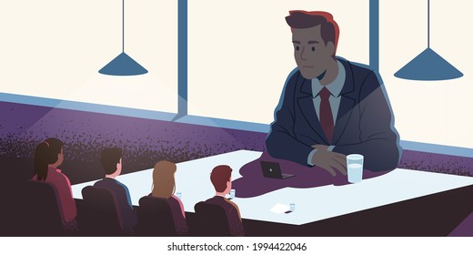 Big corporate executive boss employer or business owner looking down on small job interview candidates, manager workers. Employee inequality pressure, wage disparity. Flat vector concept illustration