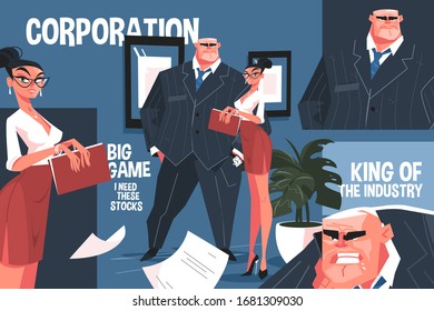 Big corporation boss vector illustration. King of industry. Chief with secretary. Strict and angry man at work in office flat style design. Big game I need this stocks inscription