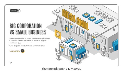 Big Corporation Vs Small Business Isometric Web Banner, Huge Mega Mall Building Stand Nearby Of Little Private Store, Corporate Competition And Domination Concept, 3d Vector Landing Page, Line Art