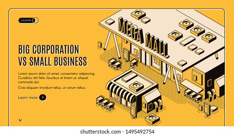 Big Corporation Vs Small Business Isometric Web Banner, Huge Mega Mall Building Stand Nearby Of Little Private Store, Corporate Competition And Domination Concept, 3d Vector Landing Page, Line Art