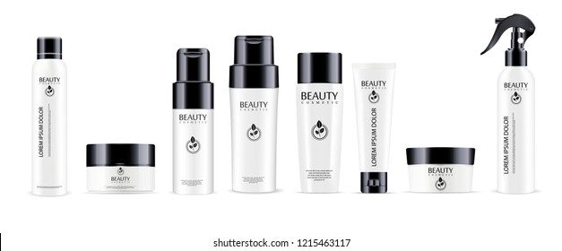 Big cosmetic bottles pack in black and white colors. Mockup Set of jars for cosmetic products. Deodorant, cream jars,shampoo and conditioner bottles,cream tube, spray bottle. EPS Vector illustration.