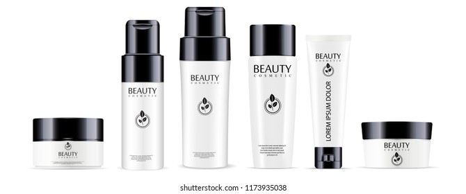 Big cosmetic products set: shampoo and conditioner bottles, cream jar and tube mockup with glossy black lids. Realistic vector illustration. 