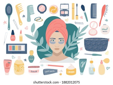 Big cosmetic set with grooming cosmetics. A girl with patches under her eyes, a makeup bag and its contents. Vector image on a white background