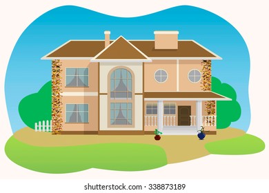 Big cottage with large windows/Stylish cottage with large windows, a fence and flower pots