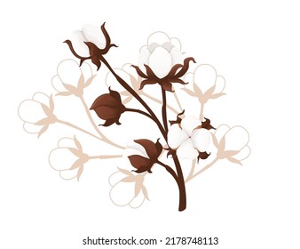 Big cotton flower branch vector illustration isolated on white background