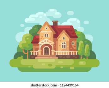 Big country house flat illustration. Modern country home banner background.