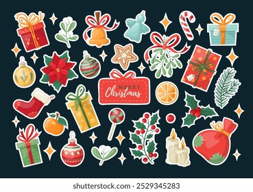 Big cozy collection of Christmas, New Year and winter items. Festive symbols and design elements. Hand-drawn style sticker pack on a dark blue background with a white frame.