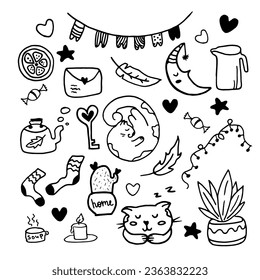 Big cozy home clipart set. Cute cozy home doodle clipart with sleeping cats and cozy things. Hand drawn icons