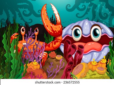 A big crab and a clam under the sea