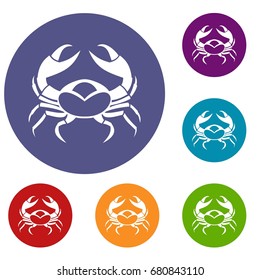 Big crab icons set in flat circle red, blue and green color for web