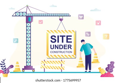 Big crane hold placard - site under construction. Error 404. Page is not found. Internet connection problem. Male worker puts warning signs. Website development. Horizontal banner template. Vector