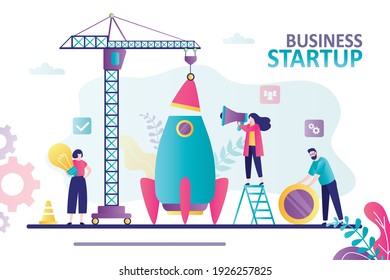 Big crane lowers rocket part. Business people start up new project. Team builds large spaceship. Concept of business development, teamwork and preparation process. Trendy flat vector illustration