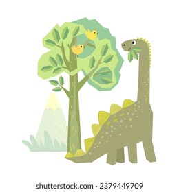 Big crazy funny kind dinosaur eating leaves near big tree. Two birds sitting on the tree. Animals speak different languages.