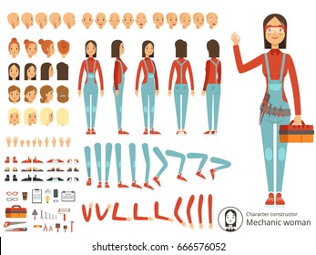 Big creation kit of girl mechanic in working clothes. Vector constructor with body parts