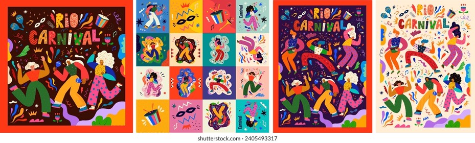 Big creative collection a full of inspiration for holiday Brazil carnival in Rio de Janeiro. Set of vector playful original posters and cards, sticker