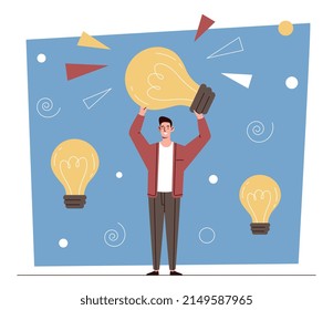 Big creative idea concept. Male entrepreneur holds light bulb and finds solution to problems. Brainstorming for search and implementation of business innovations. Cartoon flat vector illustration
