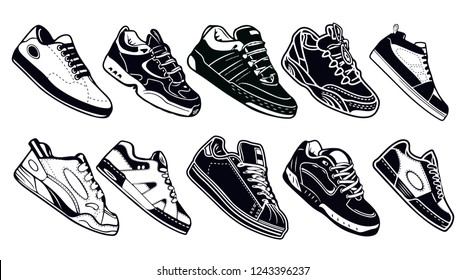 Big creative illustration collection set of sneakers running, walking, shoes, style backgrounds. Vector concept elements icons on isolated white background