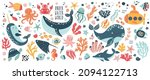 Big creative nautical clipart with marine inhabitants. Jellyfish, octopus, whale, narval, crab, sea horse . Vector illustration