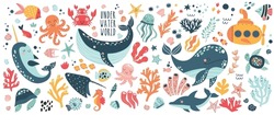Big Creative Nautical Clipart With Marine Inhabitants. Jellyfish, Octopus, Whale, Narval, Crab, Sea Horse . Vector Illustration